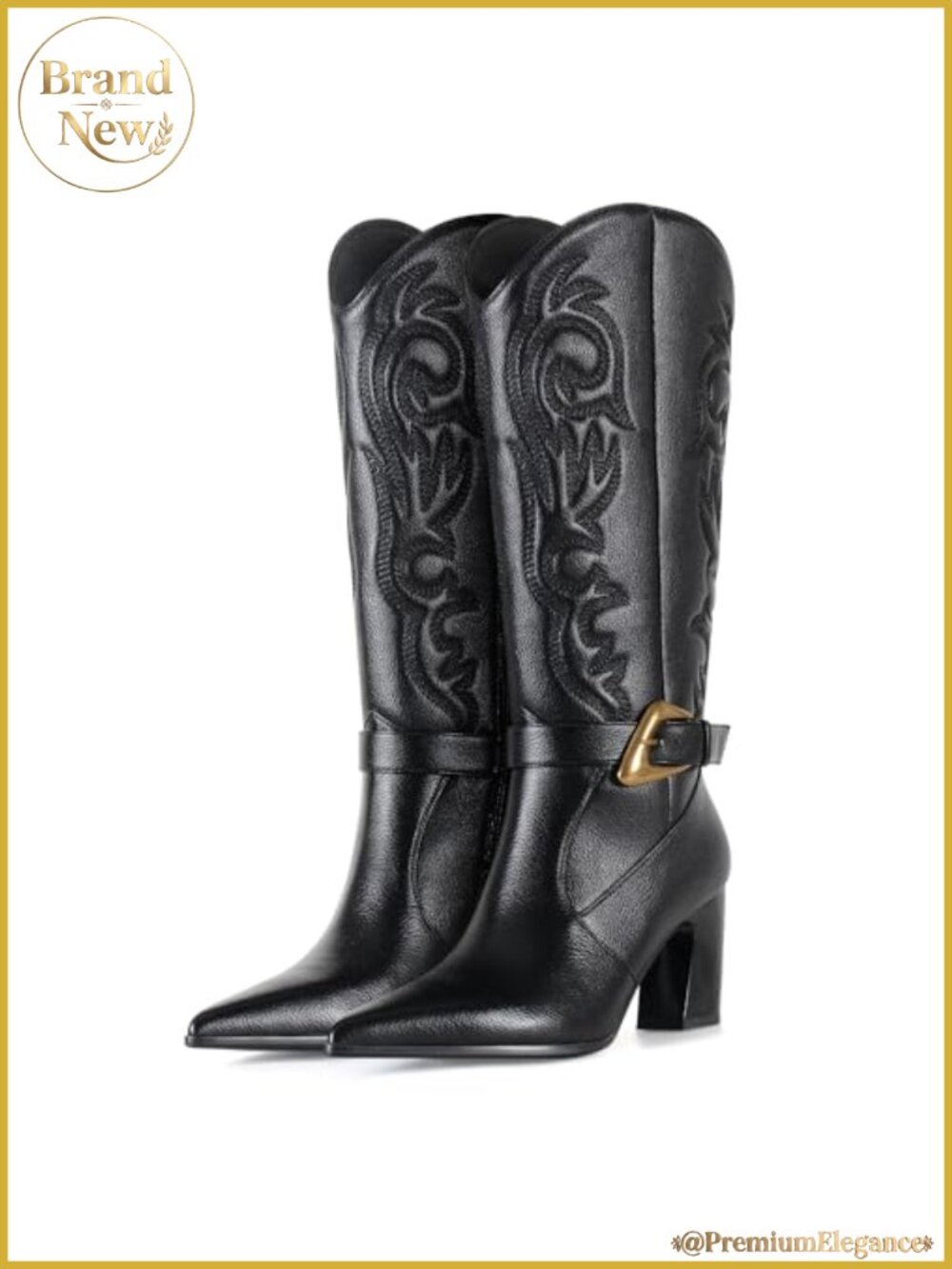 Faux Leather Knee High Cowboy Boots with Gold Buckle